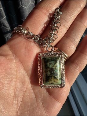 Silver-Framed Green Jasper Rectangle Pendant Necklace